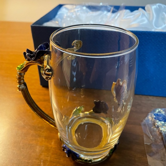 Glass Tea Cup,Coffee Mug Enamel Rose Flower Butterfly Cup w Spoon, Lid & box New - Picture 6 of 8